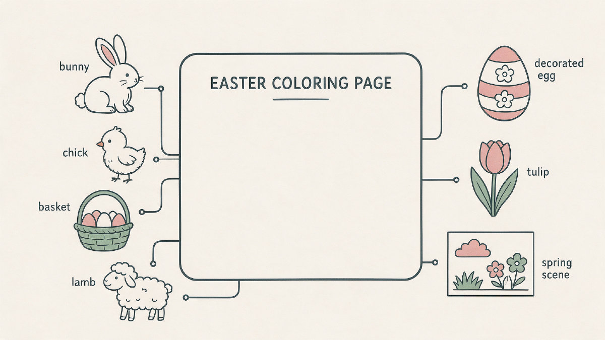 Easter motif options arranged around a blank coloring page, including bunny, egg, chick, basket, tulip, lamb and spring scene