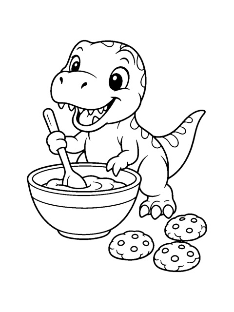 Coloring page of a baby T-rex baking cookies